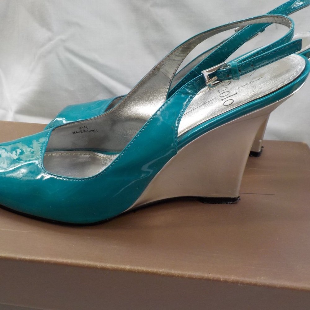 Gorgeous Linea Paolo Peep-toe Wedge Sandals Turquoise and Silver SZ 8/ 8.5 N/M - Picture 5 of 16